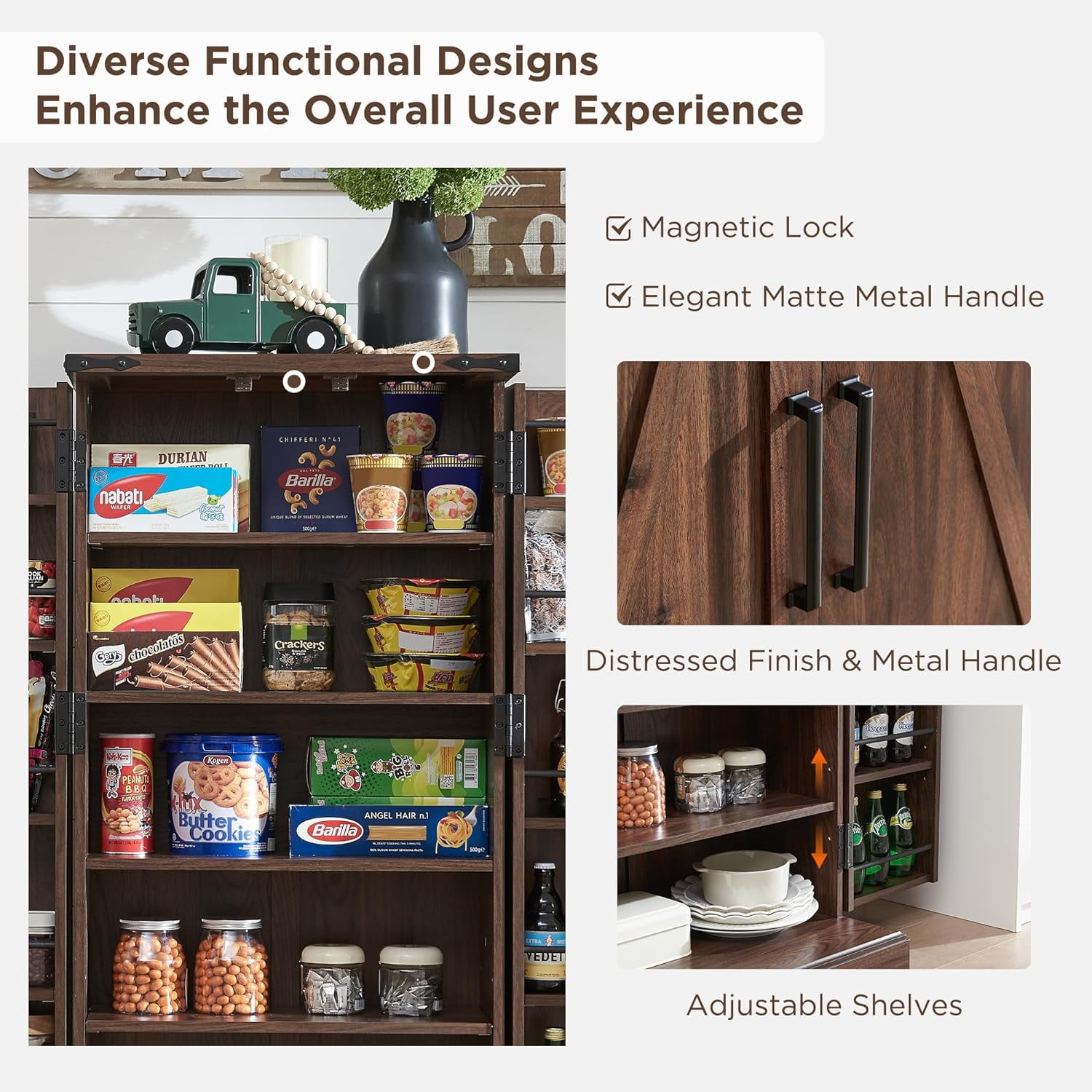 ACCOHOHO 47" Kitchen Pantry Cabinet, Farmhouse Storage Cabinet with Adjustable Shelves for Kitchen, Dining Room, Bathroom - Brown