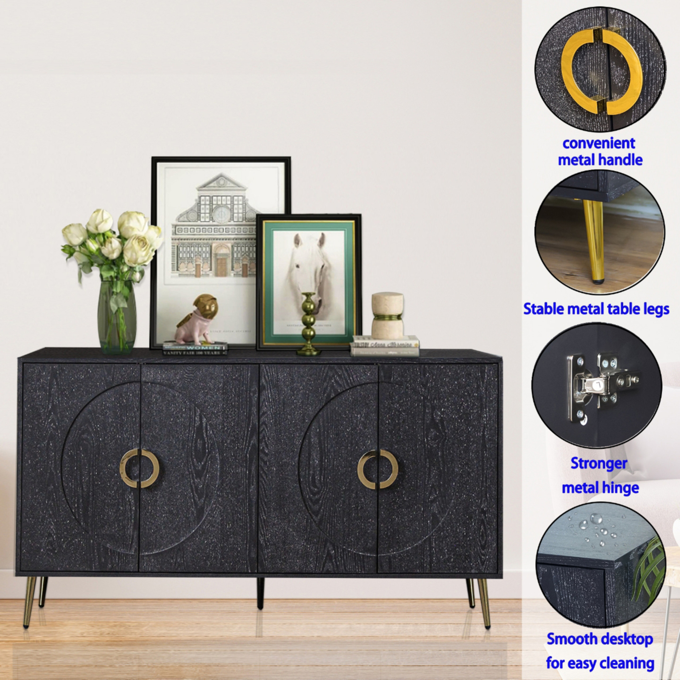 Noble House 59.8" Modern Lacquered Sideboard, Buffet Storage Cabinet with Adjustable Shelves, Distressed Black