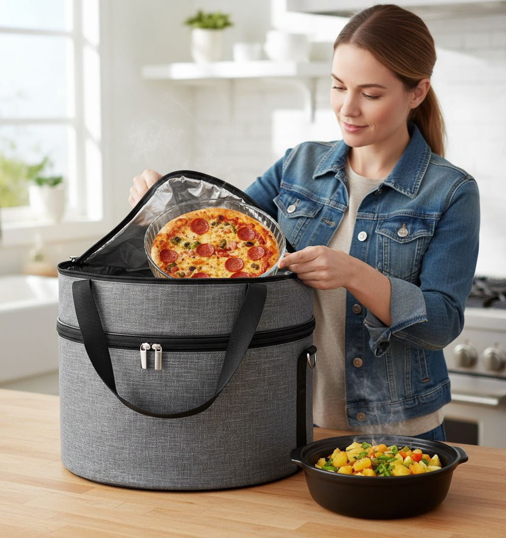 2 Tiers Grey Insulated Casserole Carrier, Round Pie Carrier with Metal Support, Dish Carrier for Hot or Cold Food, Transport Pie Holders Pie Carrying Case