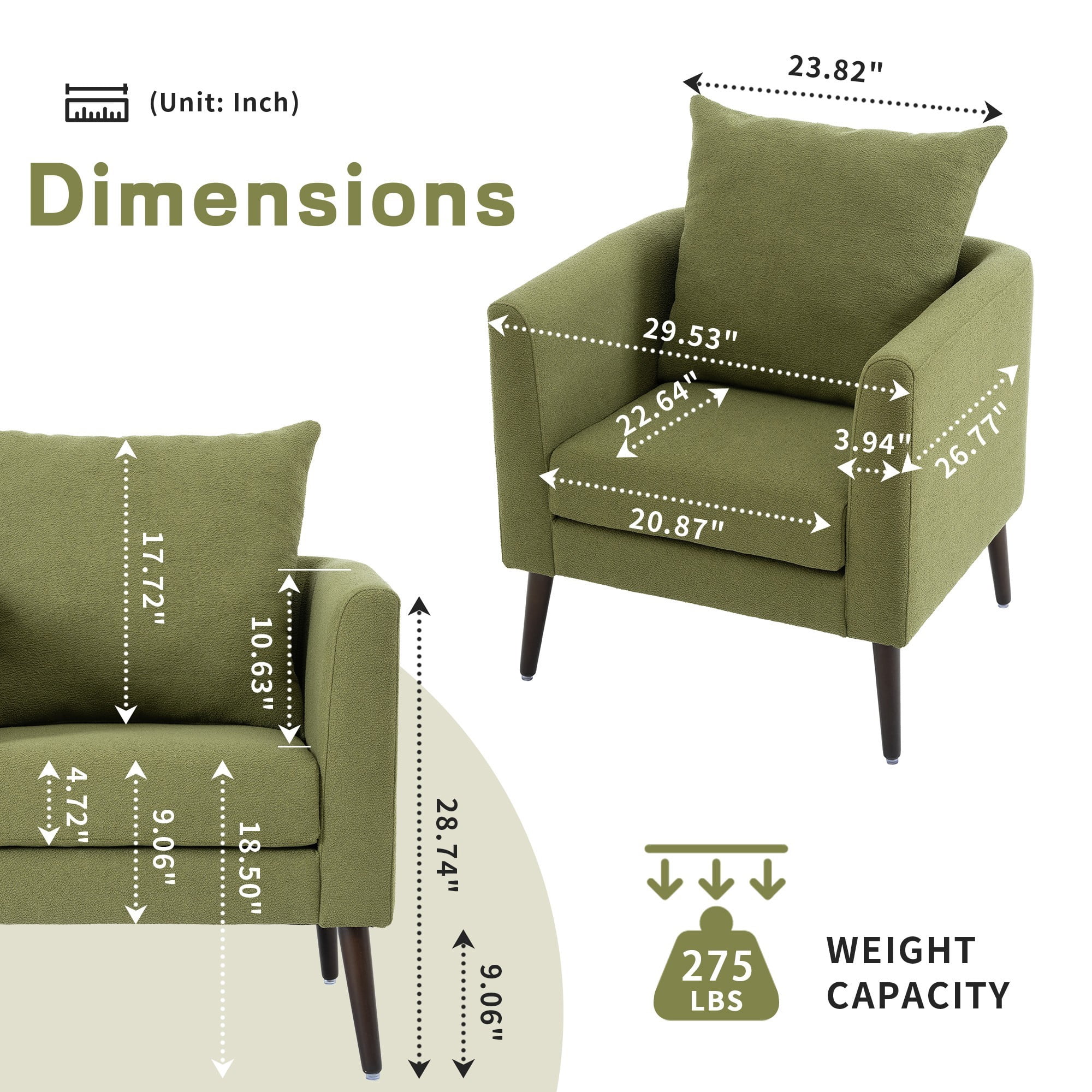 Accent Chair,Fabric Armchair Club Chair Single Chair Upholstered Arm Chair with Solid Wood Legs for Living Room/Bedroom,Olive Green