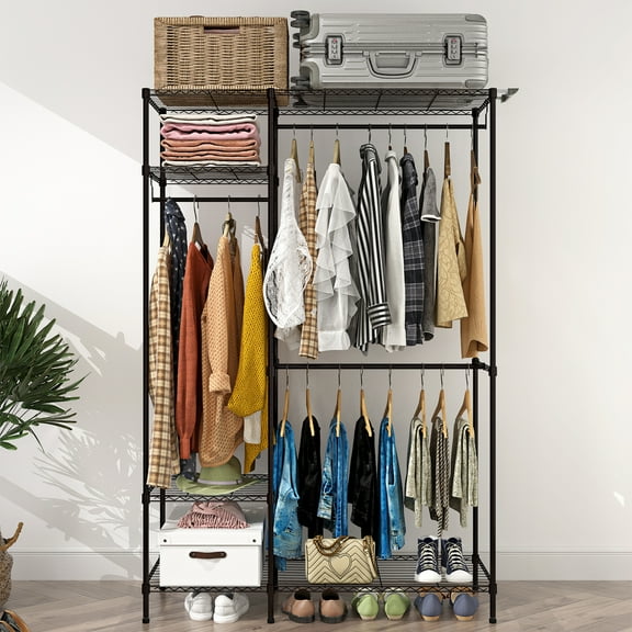 Ktaxon Portable Clothes Rack Heavy Duty Closet Garment Rack Freestanding Wardrobe Clothing Storage Rack Closet Organizer with 4 Shelves & 3 Hanging Rails Black