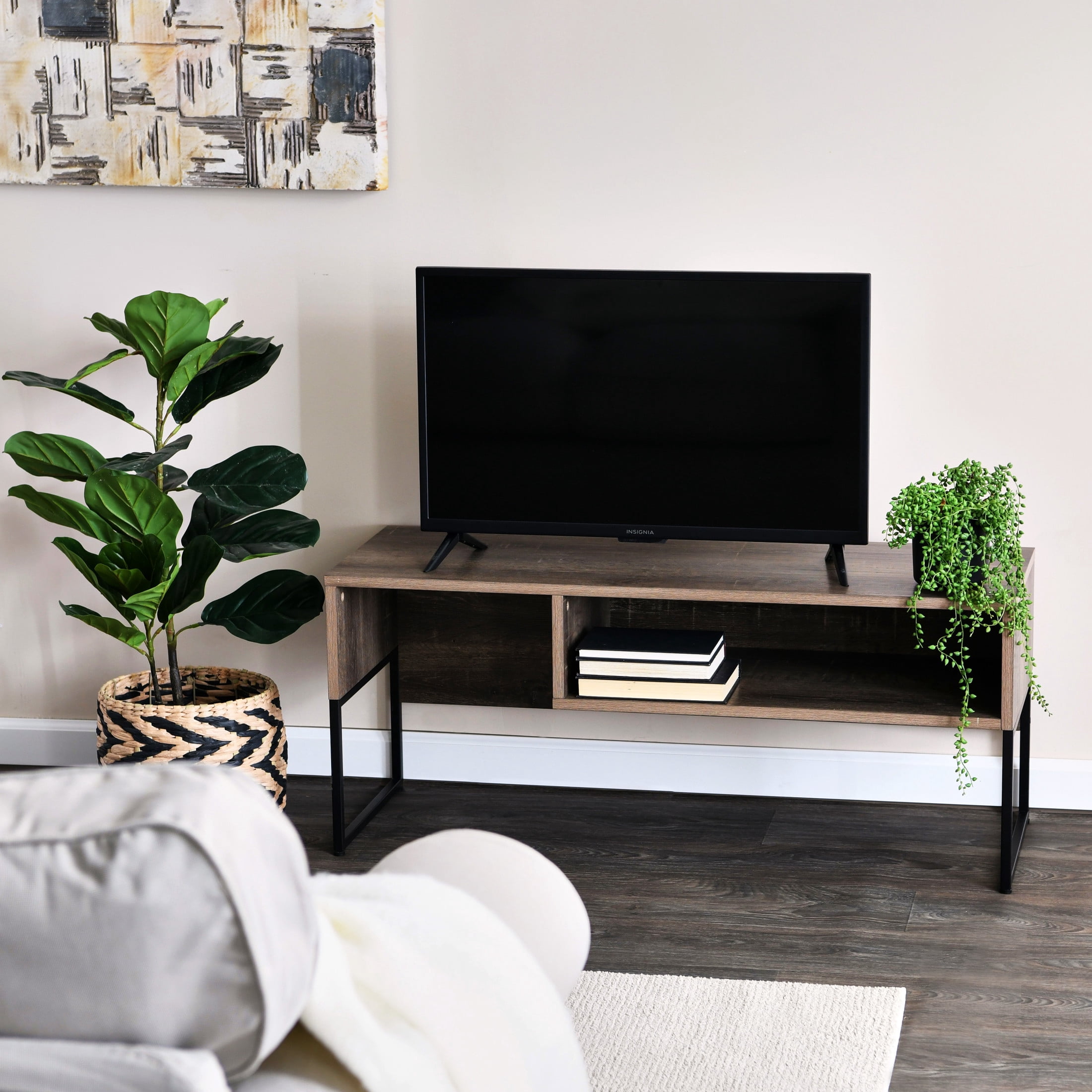 Household Essentials Wrap TV Stand with Rectangular Storage Compartment Ashwood Rustic Wood Grain and Black Metal
