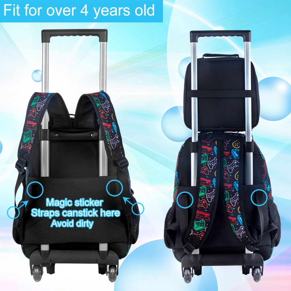 AGSDON 4PCS Boys Rolling Backpack, Cute Game Wheeled Bookbag, Roller School Bag with Wheels for Elementary Preschool Travel