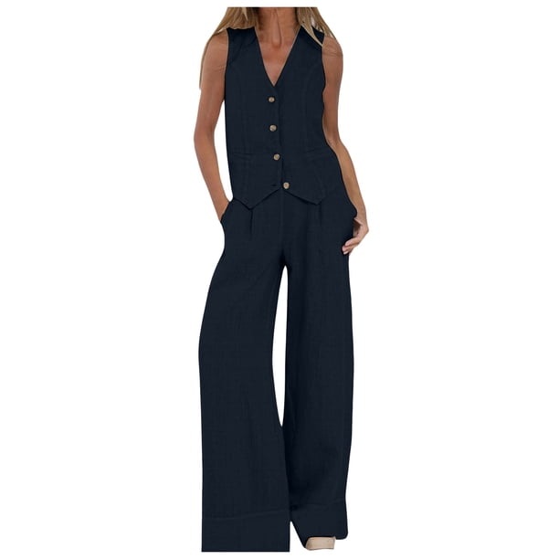 Conjunto de chaleco sin mangas con botones de algodón para mujer: pantalones anchos con bolsillos, mezcla de poliéster, atuendo informal de negocios