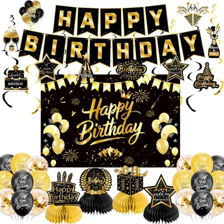Black Gold Birthday Party Decorations, Complete Kit with Pre Strung Banner, Backdrop, Balloons, Honeycomb Centerpieces, for Men Women Adults