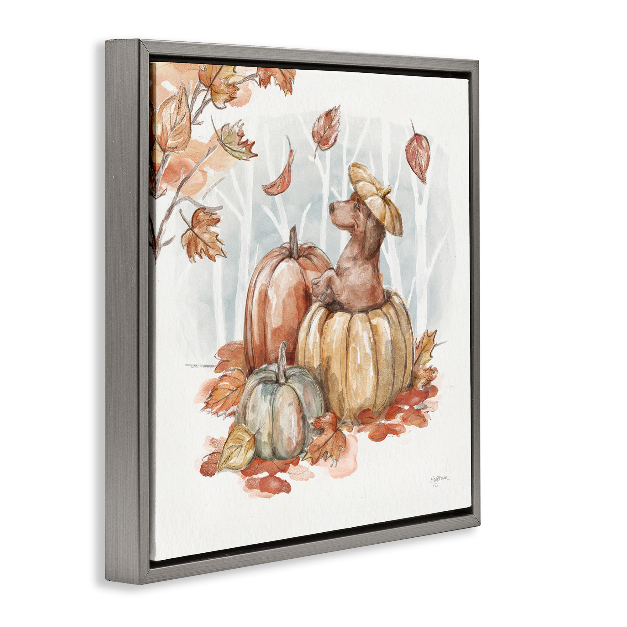 Stupell Industries Fun Dachshund & Pumpkin Holiday Painting Gray Floater Framed Canvas Art Prints Wall Art, 25 x 25