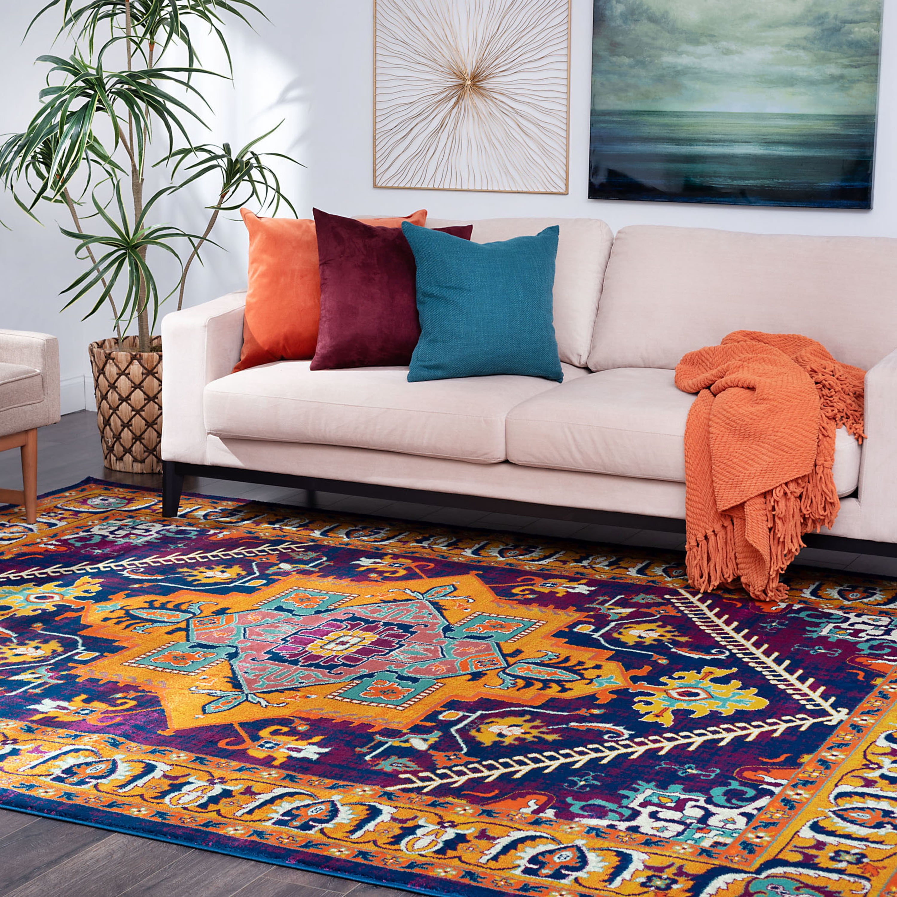 Transitional 9x12 Area Rug (8'9'' x 12'3'') Oriental Gold, Purple Living Room Easy to Clean