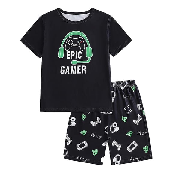 Bysome Boys Outfit Set Graphic Print Short Sleeve Crew Neck Tees With Shorts Set Comfortable Boys Outfit Size 1-2 Years Black