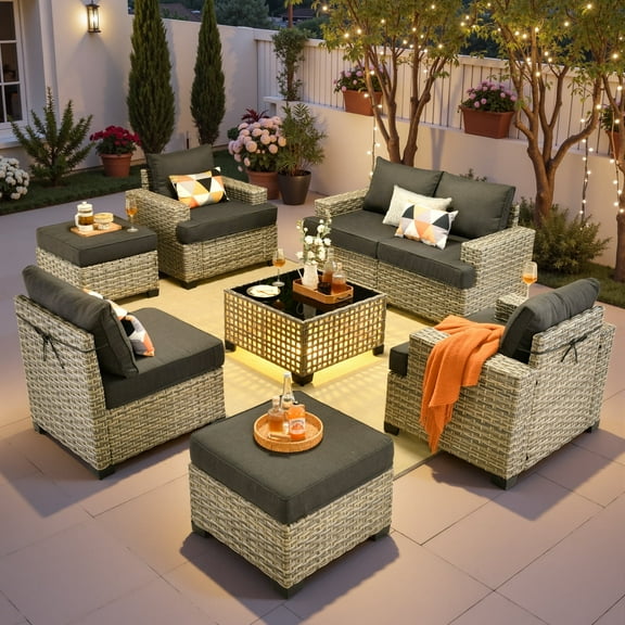 Ovios 8-Piece Outdoor Patio Furniture Set with Solar-Powered Lighted Coffee Table All-Weather Wicker Conversation Seating with Ottomans, Black