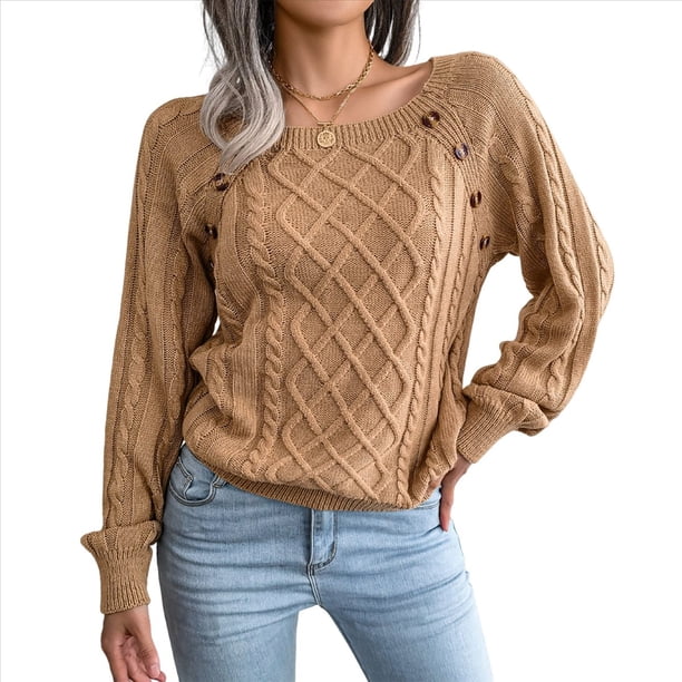 Suéteres Casuales de Punto con Estampado de Leopardo para Mujer, Suéteres de Larga con Cuello Redondo Caqui M