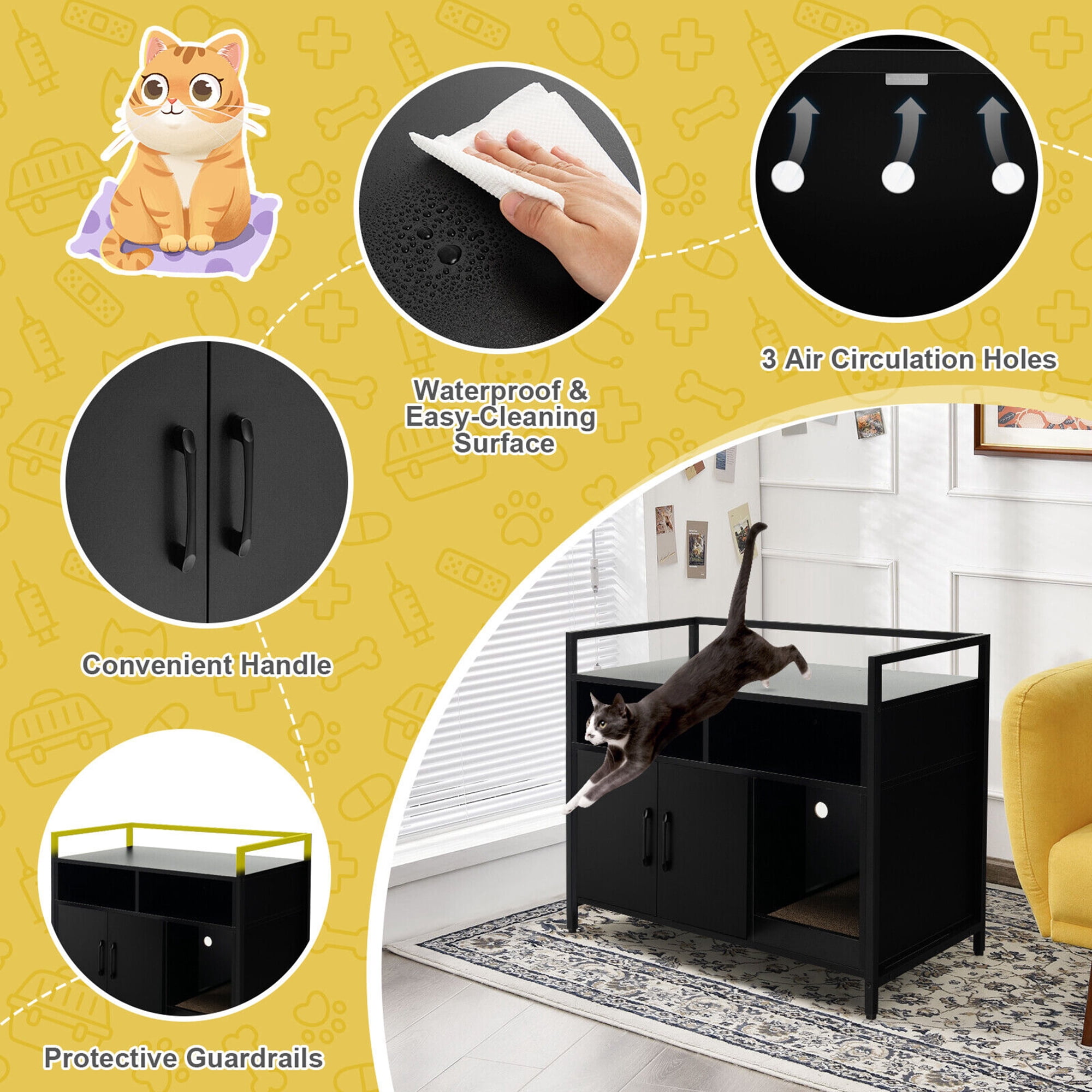 Gymax Large Litter Box Enclosure Cat Wooden Storage Cabinet with 2 Doors Black