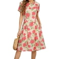 thumbnail image 1 of Vestido de Manga Corta Midi Manga Corta Vestido de Otoño, Elegante de la Gasa de la Mujer Cuello Redondo Impreso Ocasional de Verano de la Playa, 1 of 7