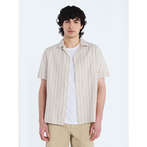 Free Assembly Men's Striped Cotton Camp Shirt with Short Sleeves, Sizes S-3XL