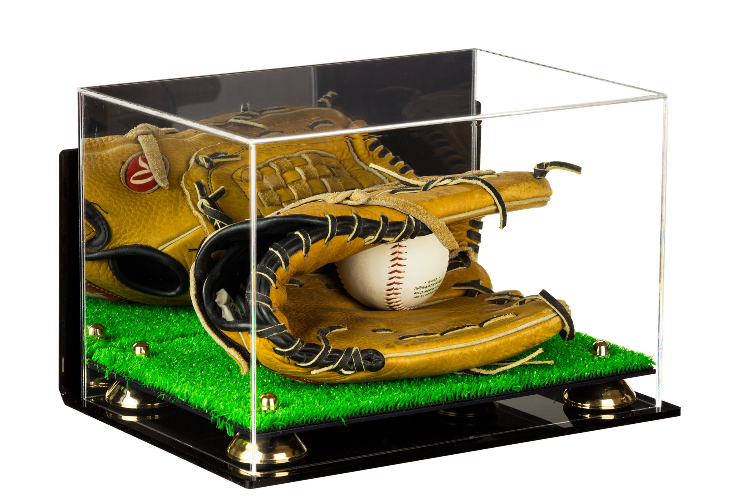 Deluxe Acrylic Baseball Glove Display Case with Gold Risers, Mirror