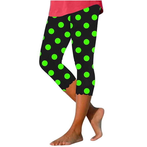 Athletic Capris Pants for Women Summer Tight Point Print Elastic Waist Trousers Lightweight Workout Slimming Bottoms, Green, XXL