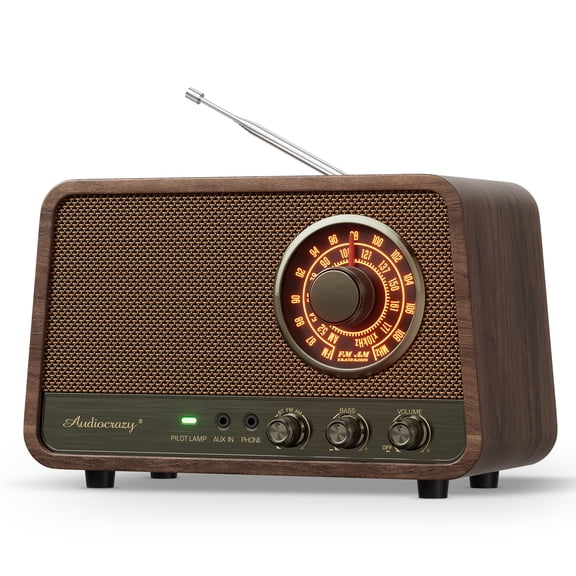 AM FM Radio, Vintage Wooden Finish Radio Plug in Wall with Bluetooth Speaker, Aux in, Headphone Jack, Bass Control, for Home, Office
