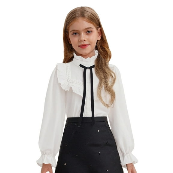Doomiva Kids Girls Bowknot Puff Sleeve Shirts Ruffle Collar Blouse Button Down Tops School Uniform Dress Shirts White 170