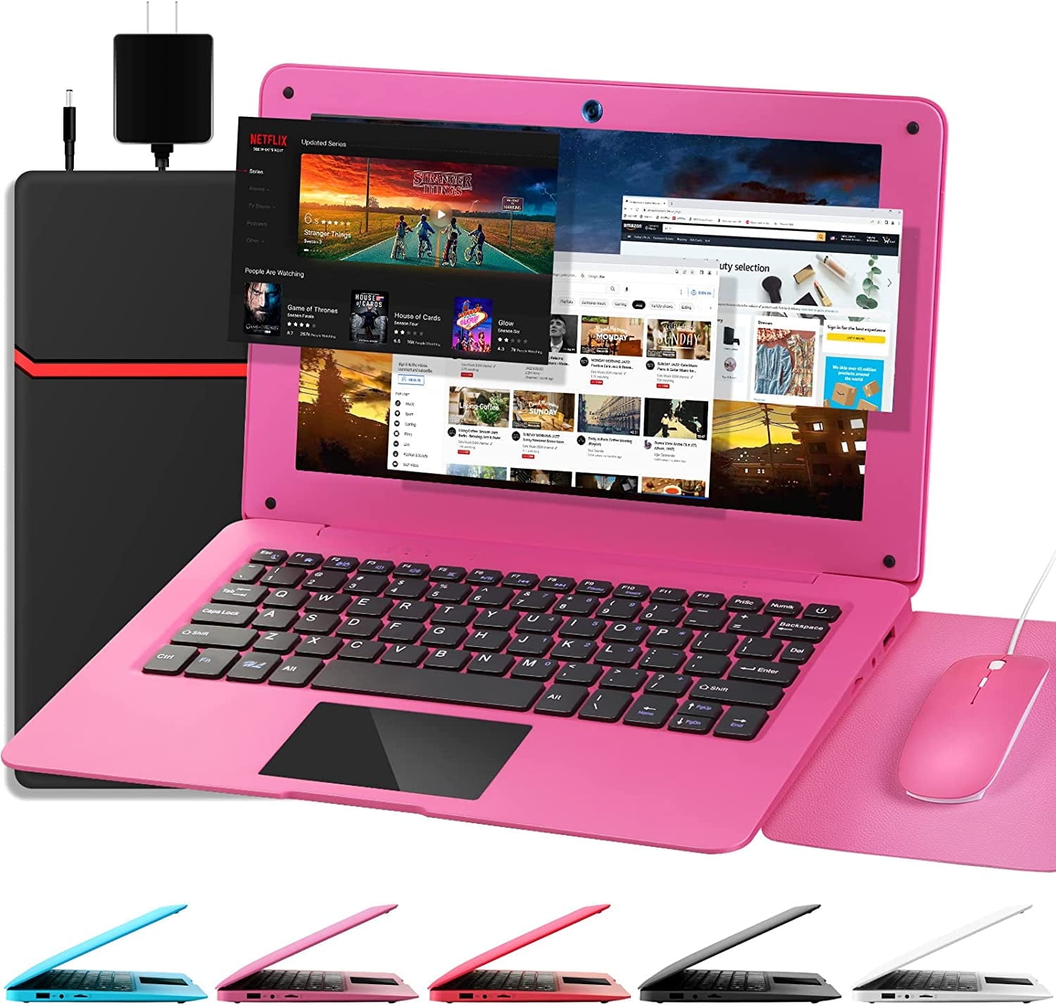 NBD 10.1 Inch Laptop Android 12.0 Computer, Quad Core Powered Netbook,2G RAM+64 GB ROM Mini Laptop Computer for Kids with Bag, Mouse, and Mouse Pad(Pink)