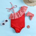 thumbnail image 2 of Splozh Infant Baby Girl Swimsuit Toddler Kids Baby Girls Swimwear Patchwork Striped Summer Bathing with Headbands Swimsuit Set Red,3-4 Years, 2 of 5