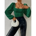 thumbnail image 4 of Women'S Square Neck Long Sleeve Crop Tops Puff Sleeve Ruched Blouse Green S, 4 of 8