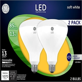 GE LED Floodlight Bulbs, 85 Watt Eqv, Soft White, BR40 Indoor Floodlights, 13 year, 2pk