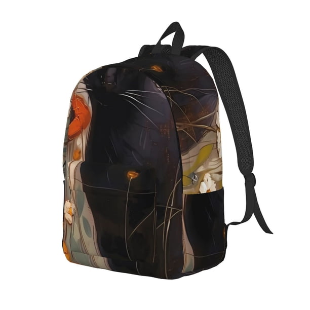 Disketp Black Cat in Wildflowers Mochila de Lona Estampada, Mochila Escolar de Viaje Ligera para Estudiantes y Portátil-Medium