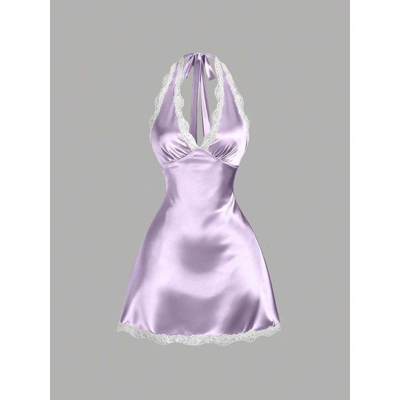 Lilac Purple Womens Halter Neck Lace Trim Satin Mini Dress A-Line Fit