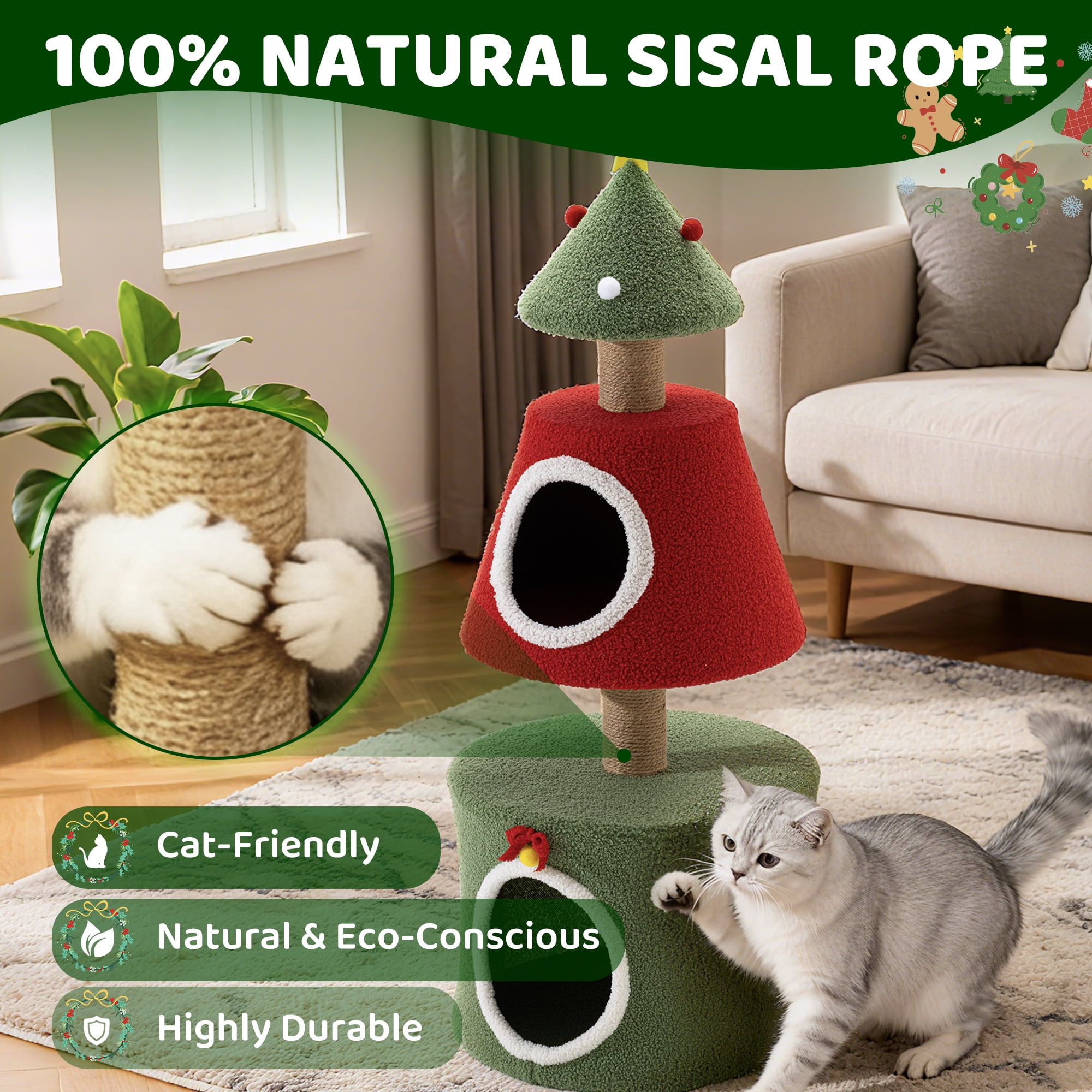 PERIMIDOME 40'' Cat Tree Tower with Scratching Post,Cat Condo for Indoor Cats,Christmas Tree Shaped
