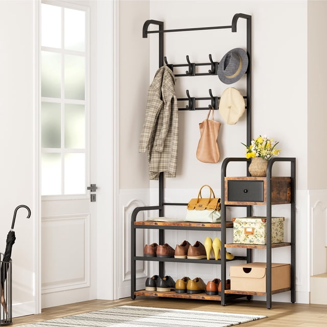 QinaQin Entryway Hall Tree Shoe Bench, 5-in-1 Storage Bench with Drawer, Coat Rack and 8 Hooks
