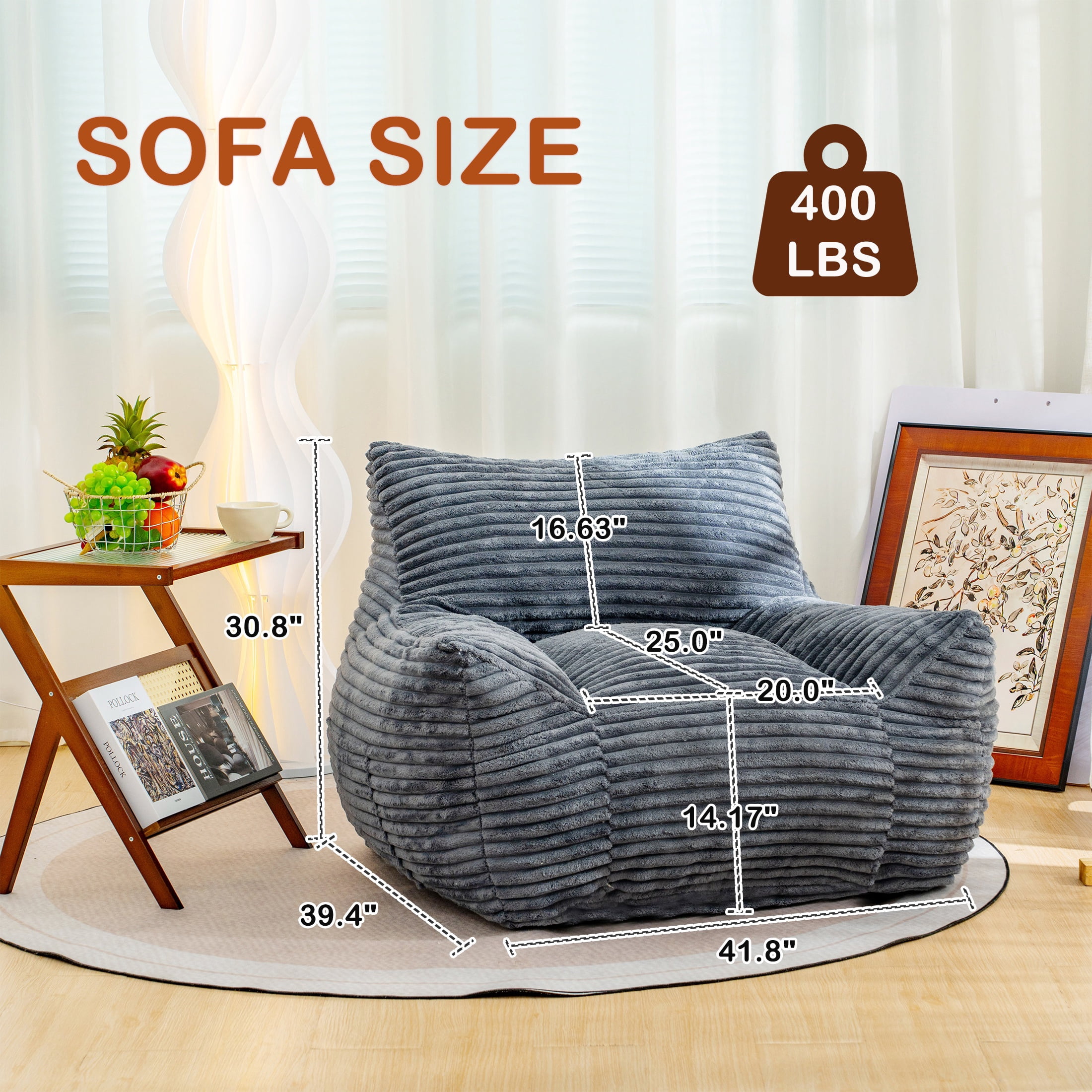 PORKISS Giant Bean Bag Chairs for Adults, Big Comfy Chair Sofa with Corduroy Fabric, Ultra Soft Lazy Floor Sofa Chair with Storage Side Pockets for Family, Gray