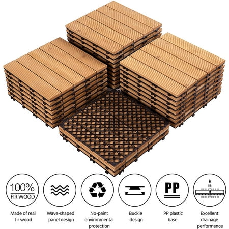 27PCS Interlocking Patio Deck Tiles Outdoor Flooring for Patio Garden Deck Poolside Fir Wood Indoor Outdoor Natural Wood