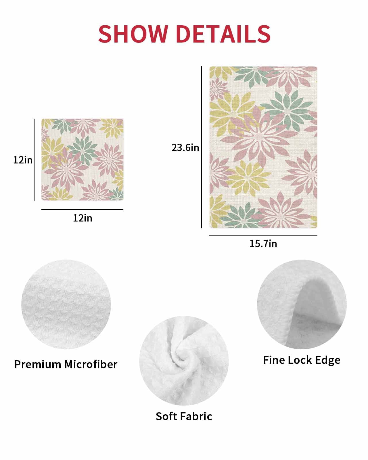 Geometric Flower Kitchen Dish Towels for Drying Dishes Set of 4, Vintage Country Floral Pink Green on Linen Waffle Weave Microfiber Hand Tea Bathroom Towels Quick Dry & Absorbent Towel 12x12