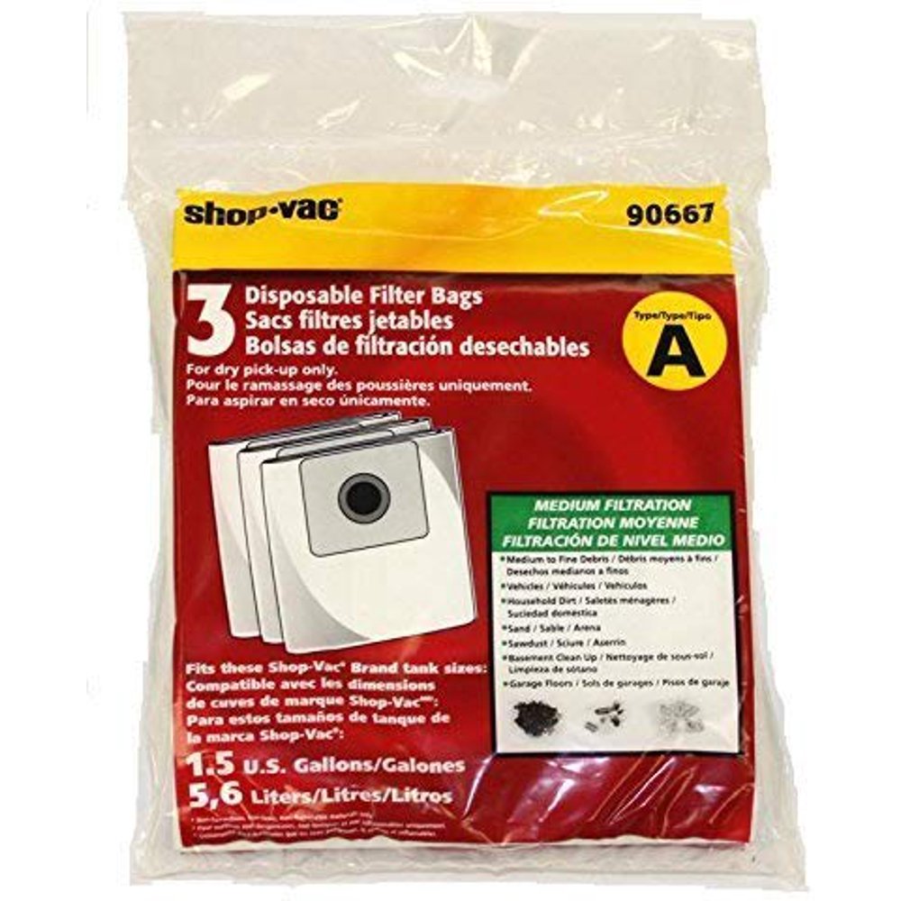 Shop Vac 1.5 Gallon, Vacuum Cleaner Paper Bags 3PK 90667, 9066700