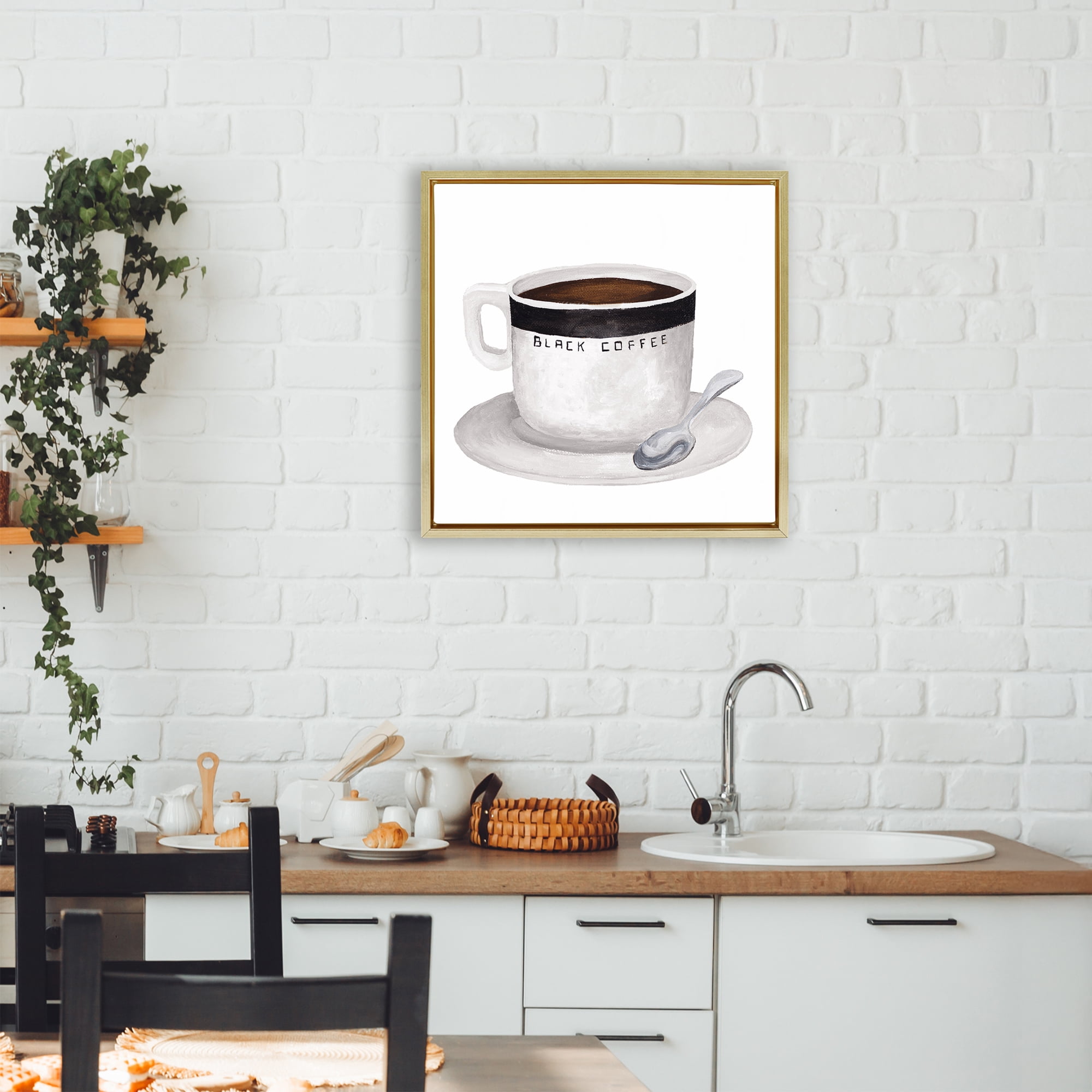 Stupell Industries Black Coffee Mug Gold Framed Floater Canvas Wall Art, design by Elizabeth Medley