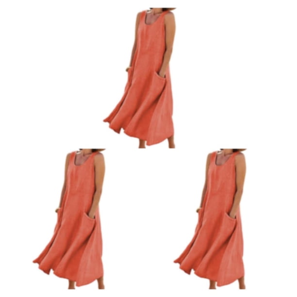 Qarigey vestido de verano de las mujeres sin mangas boho tank vestidos estilo vintage chaleco playa kaftan largo con bolsillos para naranja / Type1 NO1
