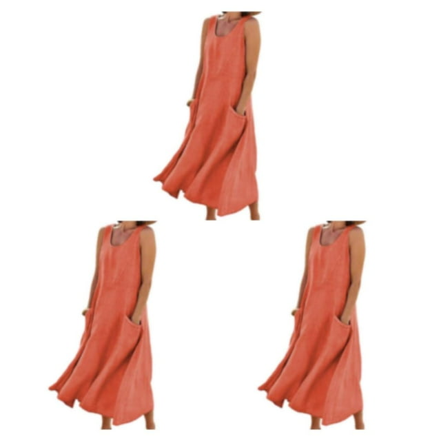 pitrice Femmes Été Coton Lin Robe Sans Manches Col Rond Boho Vintage Style Plage Couleur Unie en Vrac Kaftan Porter Tous les Jours Orange / M 3Set