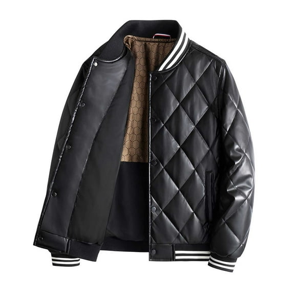 Men's Stand Collar Quilted Jacket Winter Warm Padded Coat with Checked Leather Trim