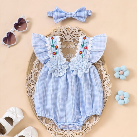 Baby Rompers Girls Gingham Floral Embroidery Ruffle Sleeve Romper Bodysuit with Headband Summer Casual Girls Romper Size 9-12M