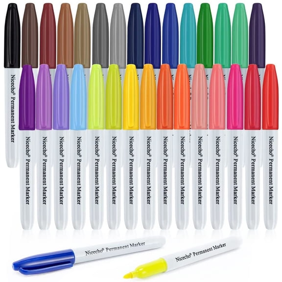 Permanent Markers, 30 Colored Fine Point Marker Pens, Waterproof Marker Works on Paper, Plastic, Wood, Metal and Glass