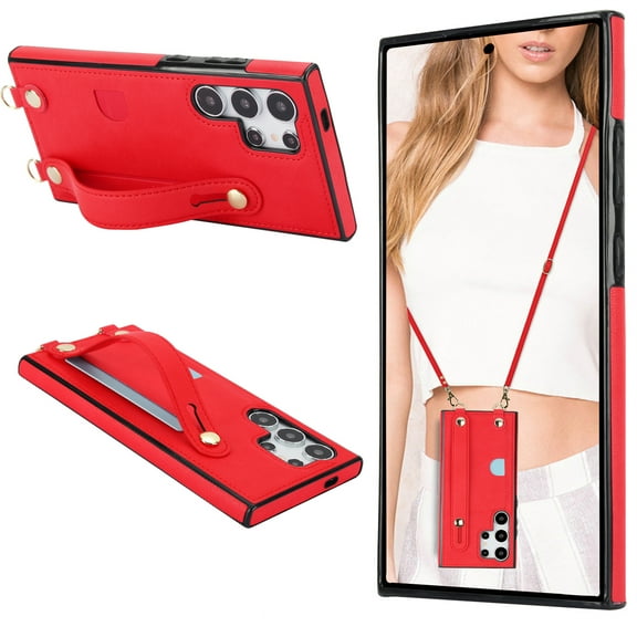 CCSmall for Samsung Galaxy S24 Ultra Case with stand for Women, Crossbody Lanyard & Wristlet Strap Case Phone Cover for Samsung Galaxy S24 Ultra KB Red