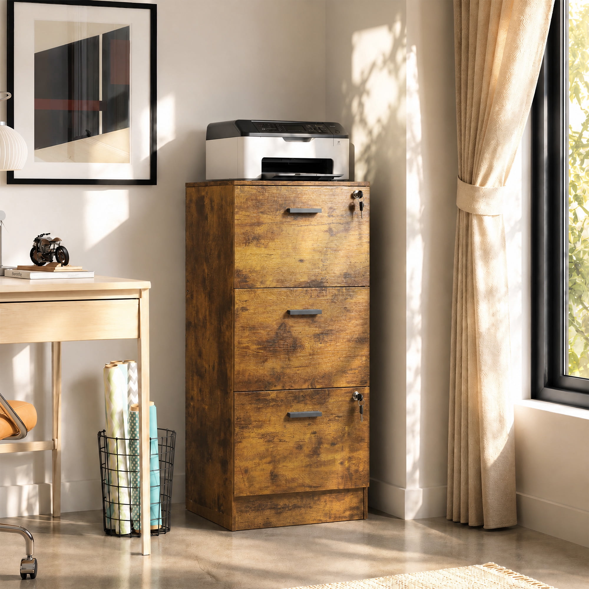 GALAXHERO 3 Drawers File Cabinets, Wood Vertical Filing Cabinet with Lock for Home Office, Letter/A4 Size, Rustic Brown