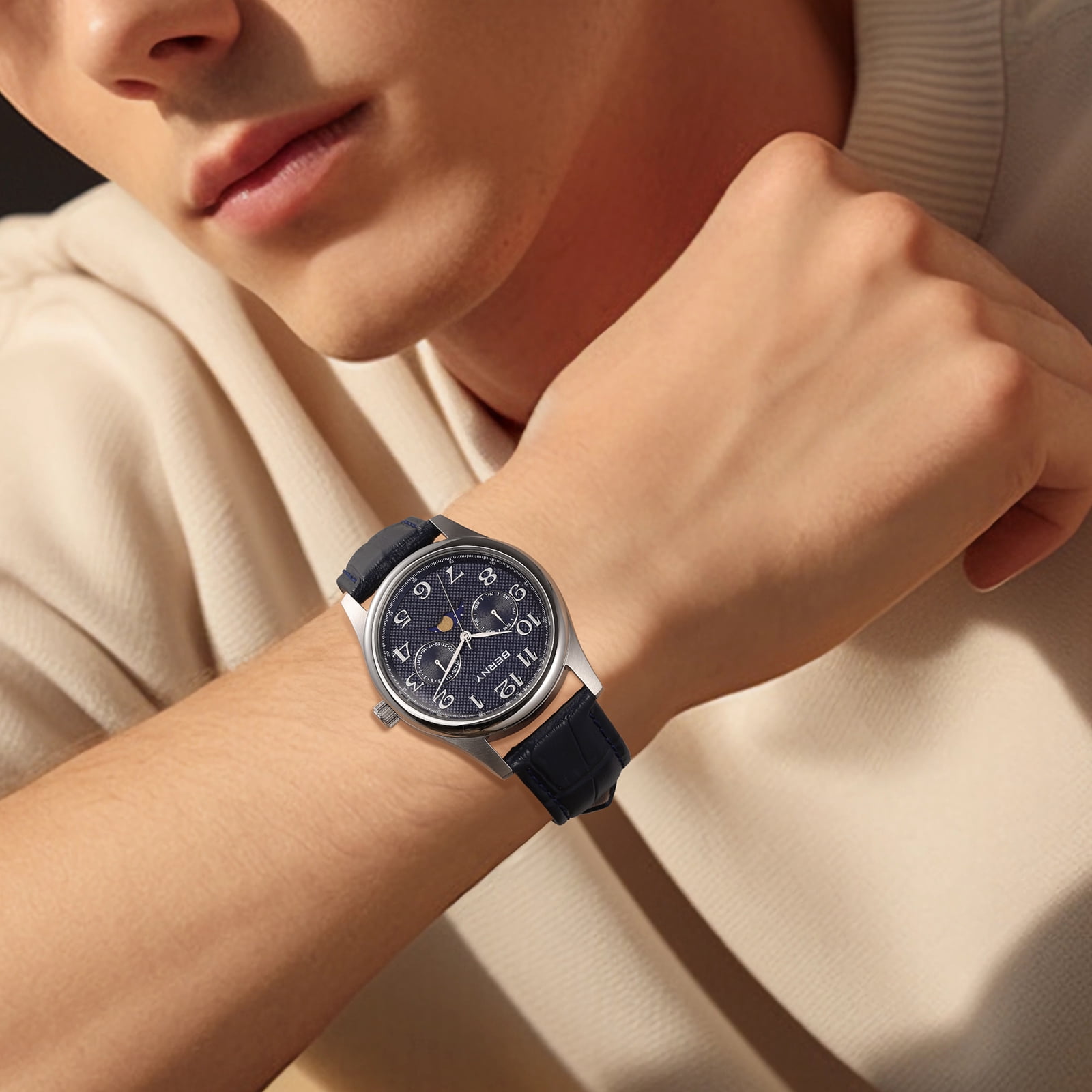 BERNY Dress Watches for Men, MultiFunction Leather Watch with Moon Phase, Day & Date Calendar, Stainless Steel Case, Easy to Read, Waterproof, Classic Analog Quartz Wrist Watch (Blue)