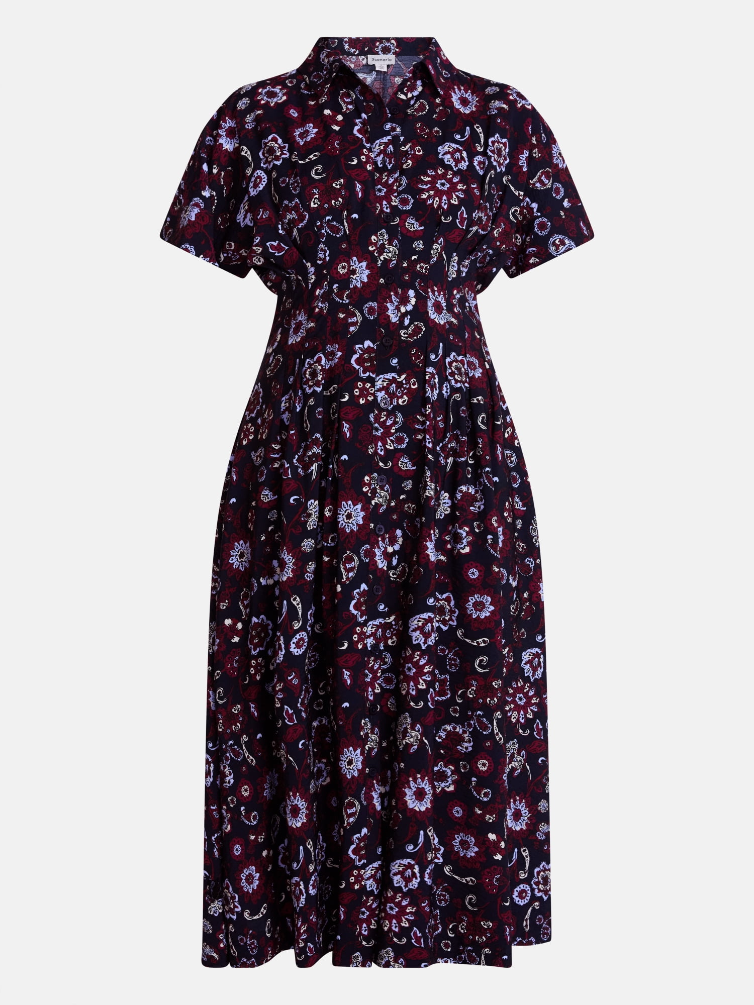 Scenario Women's and Women's Plus Pleated Waist Midi Shirtdress with Short Sleeves, Sizes XS-4X
