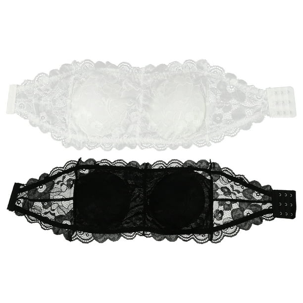 2pcs Women's One Size Strapless Lace Bandeau Bra Padded Removable Seamless  Stretch Bandeau Tube Bra (White & Black) 