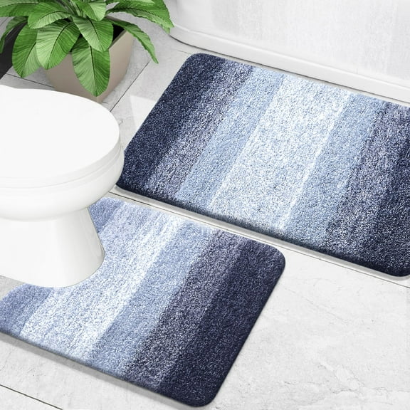 Buganda Bathroom Rugs Sets 2 Pieces, Soft Absorbent Microfiber Bath Mat And U-Shaped Contour Toilet Rug, Non-Slip Washable Bath Rugs (24"x16" 24"x20", Dark Blue)