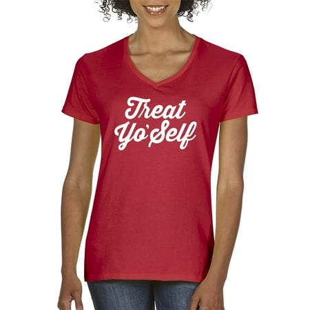 New Way 877 - Women's V-Neck T-Shirt Treat Yo' Self Yourself Day Parks Recreation Large
