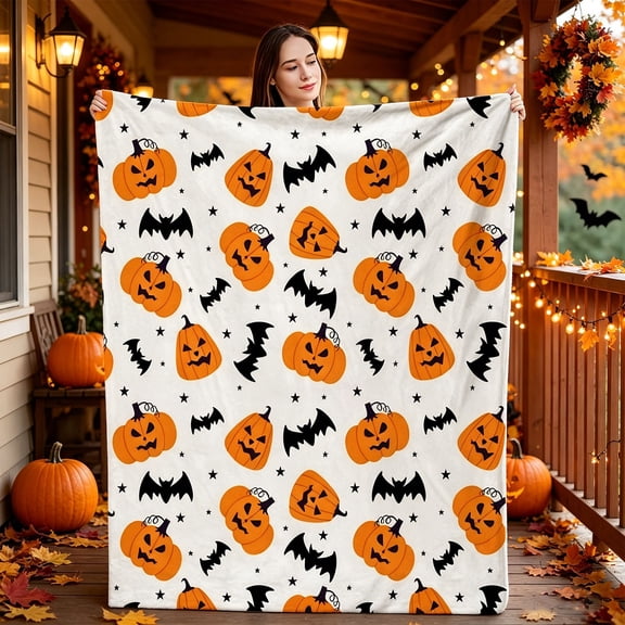 Halloween Blanket 50x60in Flannel Throw for Sofa Couch Bed, Soft Cozy Fleece Plush Blanket with Ghost Pumpkin Skull Print, Halloween Decorations Gift by OVFUIZ