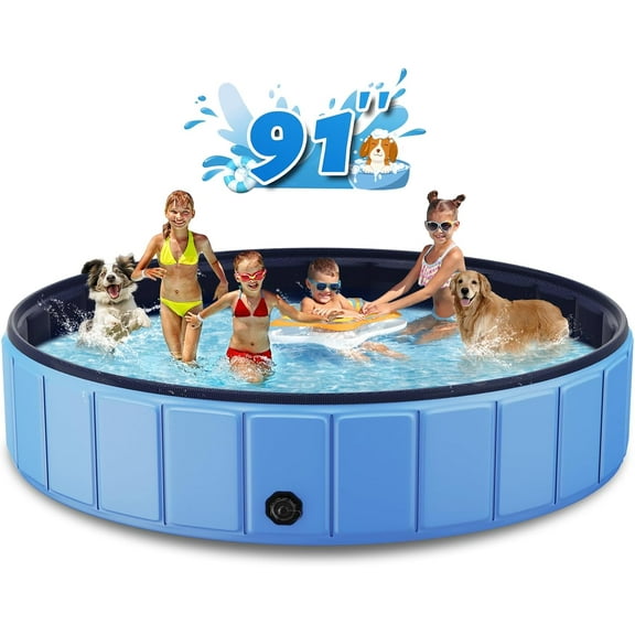 Foldable Dog Swimming Pool,   91"x16" Oversize Collapsable Hard Plastic Portable Bathing Tub for Pet Dog Kiddie Pool Indoor and Outdoor Leakproof PVC Play Pool for Large Dogs Pets Puppy