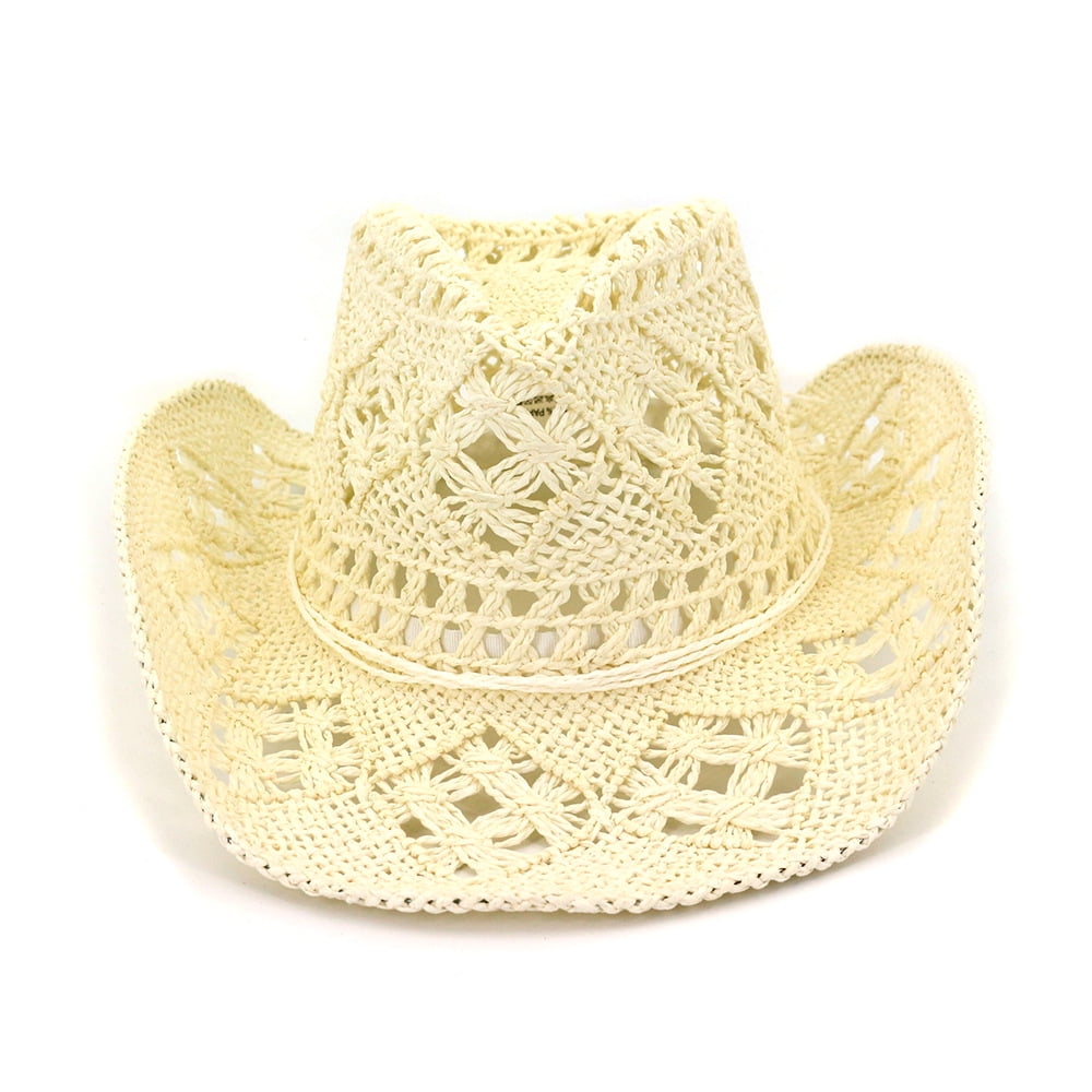 Western Cowgirl Hat with Wooden Beaded Hatband Cute Comfy Flex Fit Woven Beach Cowboy Hat 