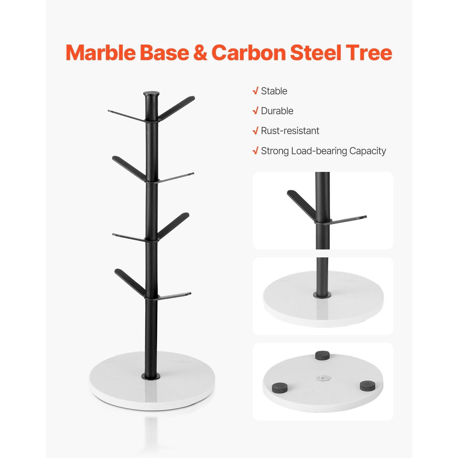 Mug Tree Holder 8 Mugs Capacity Marble Base Carbon Steel for Kitchen Office Coffee Mug Display